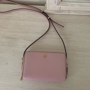 Pink Tory Burch saffiano crossbody wallet